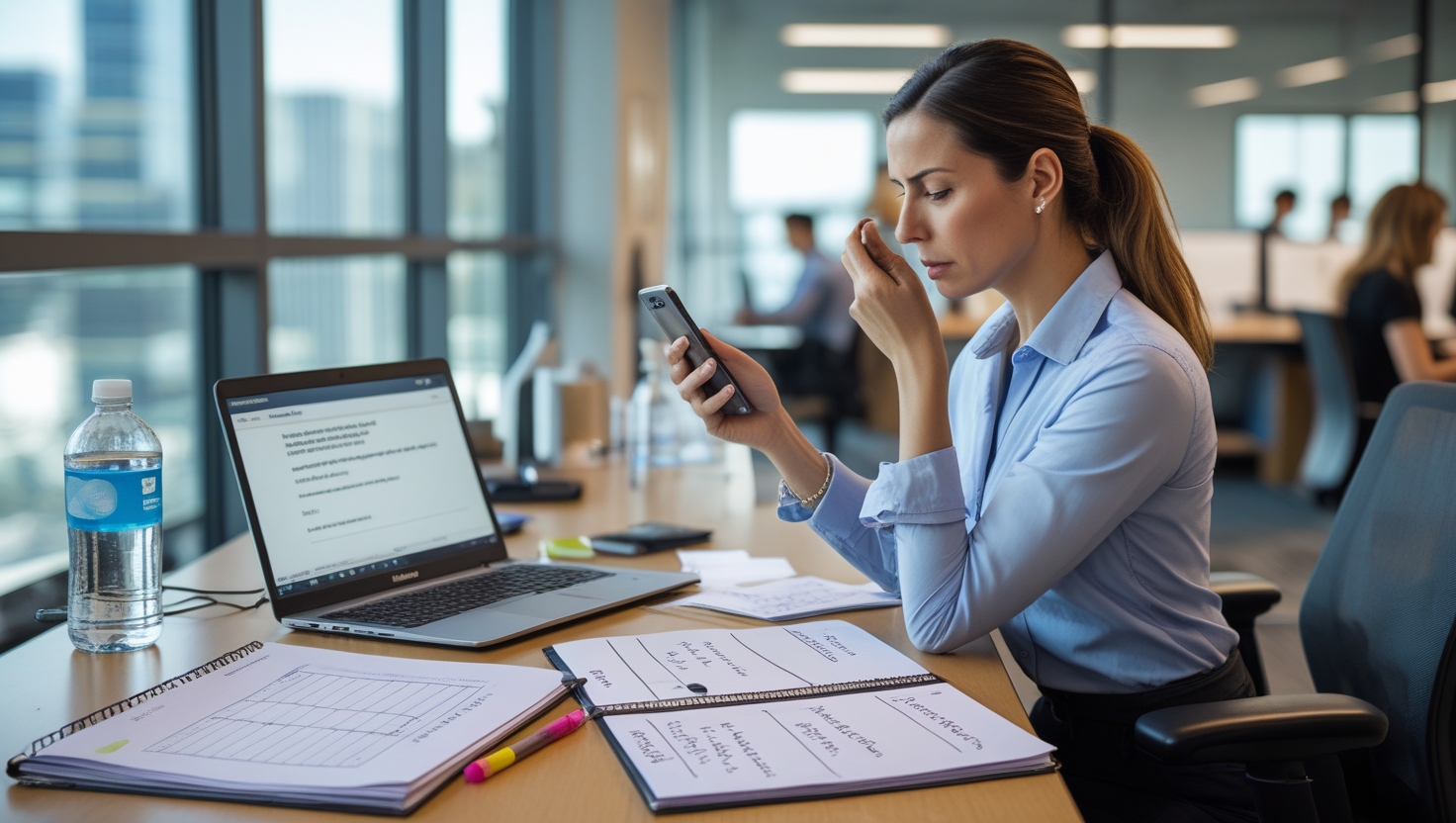 Overwhelmed coach with scattered papers, manual scheduling, and disorganized client management