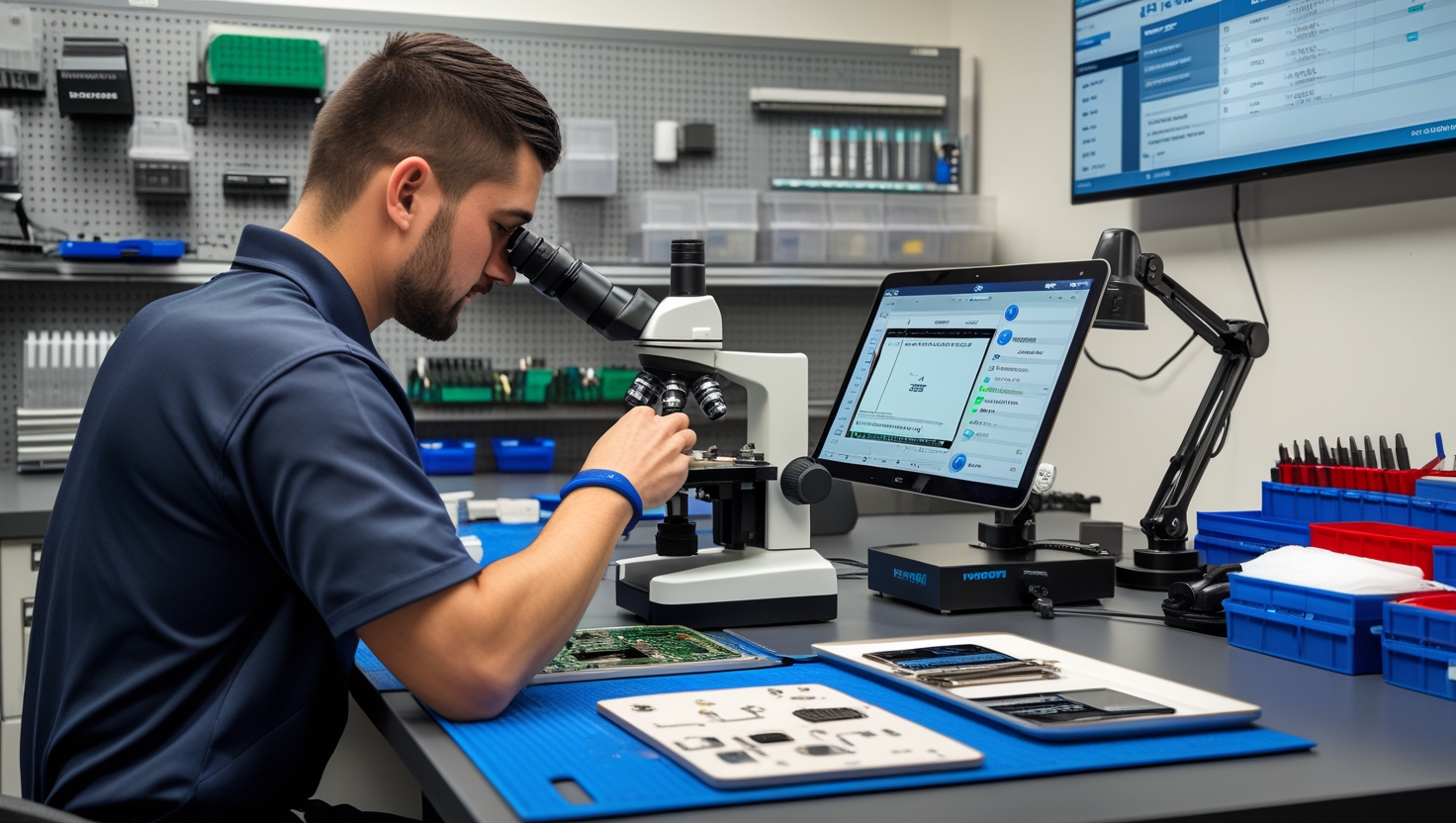 Modern mobile repair shop with organized digital tracking and efficient operations