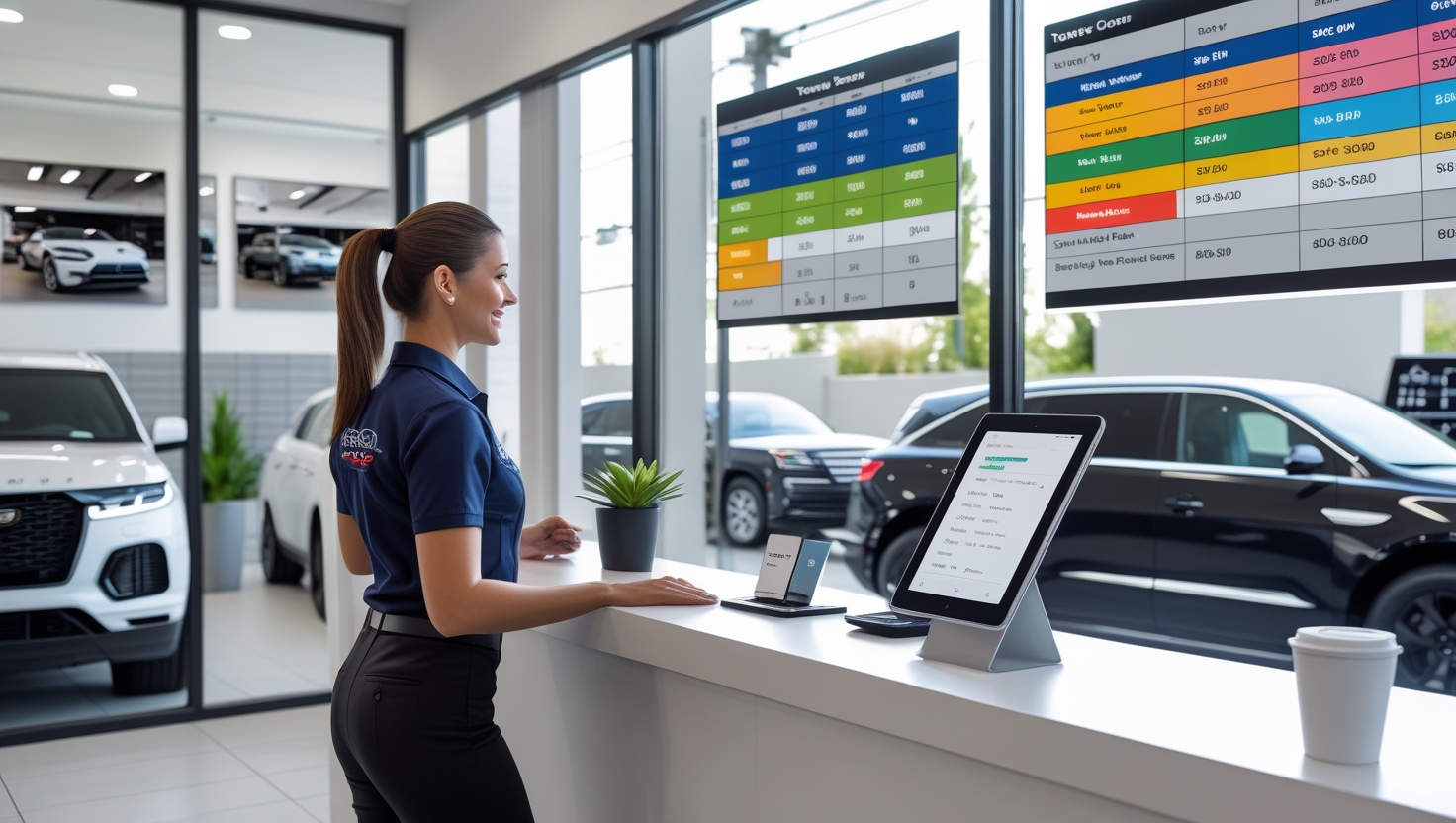 Modern professional car detailing facility with organized digital systems