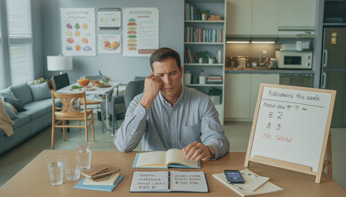Overwhelmed dietitian managing manual scheduling and paperwork